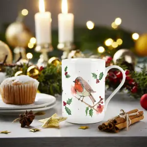 Purely Home Christmas Robins Bone China Mug & Coasters - Set of 4