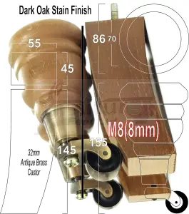 2x DARK OAK STAIN 155mm HIGH WOOD FURNITURE LEGS WITH ANTIQUE CASTOR & 2 CURVED BACK FEET SETTEE CHAIRS, SOFAS M8 TSP2007