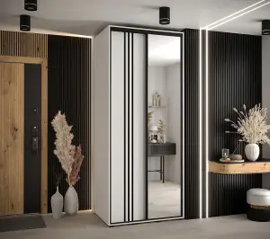 Elegant White Mirrored Sliding Wardrobe H2050mm W1000mm D600mm with Customisable Black Steel Handles and Decorative Strips