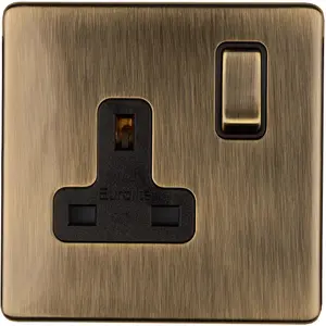 1 Gang DP 13A Switched UK Plug Socket SCREWLESS ANTIQUE BRASS Wall Power Outlet