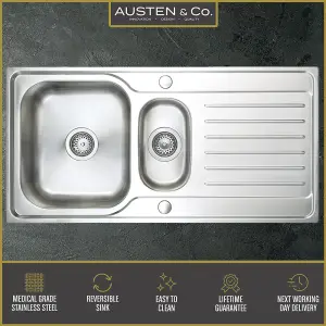 Austen & Co. Napoli Stainless Steel Inset Reversible 1.5 Bowl Kitchen Sink With Drainer. Lifetime Guarantee, Fast Delivery