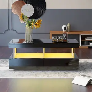 Coffee Table for Living Room, High Gloss Tea Table with 16-Color LED Lights, 2 Drawers and Open Storage Space,  Black