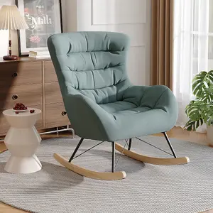 Cyan Fabric Upholstered Rocking Chair Rocker Relaxing Chair Occasional Armchair with Rubber Wood Legs