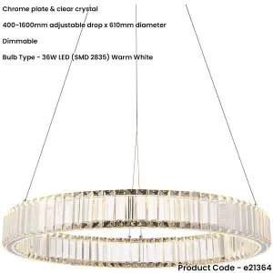 Hanging Ceiling Pendant Light - Chrome Plate & Clear Crystal - 36W LED (Smd 2835) Warm White