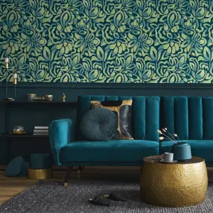 Galerie Pepper Lana Green Flocked Fabric Brussels Floral Lace Wallpaper