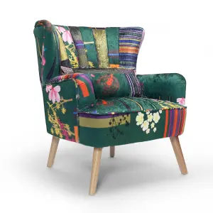 Fabric Green Patchwork Abigail Accent Wingback Chair with Footstool