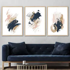 Set of 3 Navy, Pink and Gold Prints of Abstract Oil Paintings Wall Art Prints / 42x59cm (A2) / White Frame