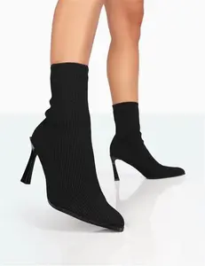 Public Desire Farah Black Knitted Pointed Toe Stiletto Heel Ankle Sock Boots - Ankle Boots Size UK 8 / EU 41 / US 10