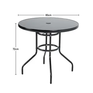 Black Round Tempered Glass Top Garden Bistro Dinging Table with Metal Frame and Umbrella Hole Outdoor 80 cm