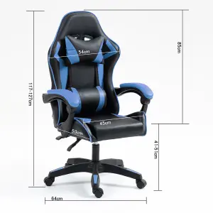 Gaming Chair Blue Recliner with Adjustable Height Lumbar Support Padded Cushion Racing Bucket Seat