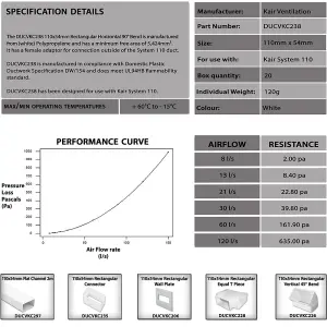 Kair 90 Degree Horizontal Elbow Bend 110mm x 54mm - 4 x 2 inch Rectangular Plastic Ducting Adaptor