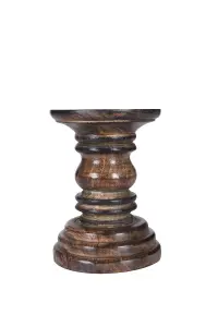 Rustic Antique Carved Wooden Pillar Church Candle Holder Light Brown, Small 13cm High