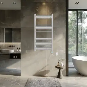 Rinse Bathrooms Prefilled Electric Thermostatic Heated Towel Rail Bathroom Radiator Straight with 600W Timer Chrome 1200x600mm