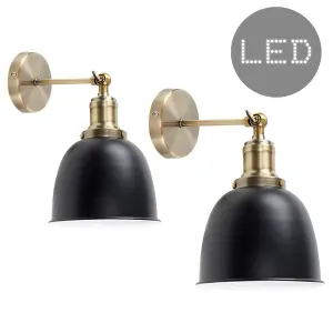 ValueLights Wilhelm 2 x Antique Brass Adjustable Wall Lights with Black Dome Shades and LED Bulb