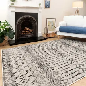 Grey Tribal Aztec Low Pile Soft Living Area Rug 120x170cm