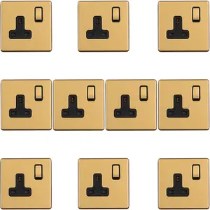 10 PACK 1 Gang DP 13A Switched UK Plug Socket SCREWLESS SATIN BRASS Wall Power