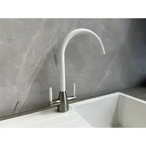 Liquida LB01WH Swan Neck Twin Lever Brushed Steel and White Kitchen Tap