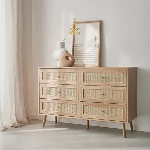 sweeek. 6-drawer chest with wood and cane effect Boheme Natural 120x39x79 cm