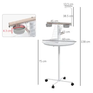 PawHut Bird Table with Four Wheels, Perches, Stainless Steel Bowls, Round Tray