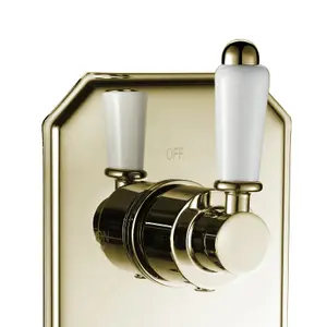 ENKI Regent English Gold White Crosshead 2-Outlet Solid Brass Thermostatic Twin Shower Valve TSV036