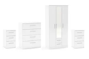 White Wooden 4 Piece Furniture Set Wardrobe Chest of Drawers Bedsides Birlea Lynx