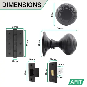 AFIT Beehive Reeded Black Door Knob Set - 1 Pair Matt Black Mortice Knobs (55mm), Latch (76mm), Hinges (76mm) & Indicator Bolt