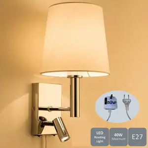 Harper Living Plug-In Wall Light with switch and Adjustable LED Reading Light, Polished Chrome Finish, Ivory White Fabric Shade