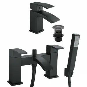 Matt Black Square Basin Sink Tap & Bath Shower Mixer Set