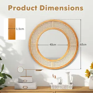 COSTWAY Rattan Round Wall Mirror 65 cm Wooden Framed Mirror with Aluminum Glass