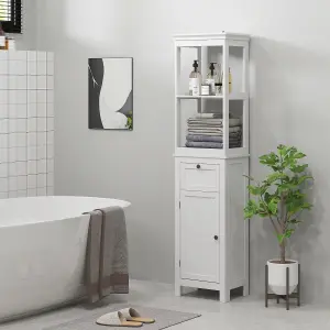 HOMCOM Slim Bathroom Storage Cabinet with Open Shelves and Drawer, White