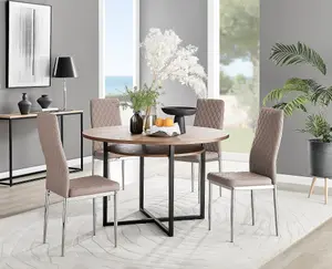 Adley Brown Wood Effect And Black Round Dining Table with Storage Shelf and 4 Beige and Silver Milan Modern Faux Leather Chairs