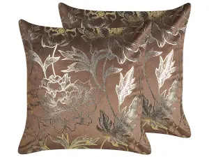 Set of 2 Cushions DAFFODIL Velvet 45 x 45 cm Floral Brown