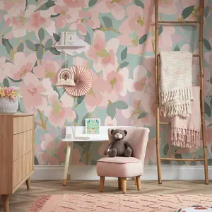 Fresh Flowers Mural In Pink And Duck Egg (300cm x 240cm)