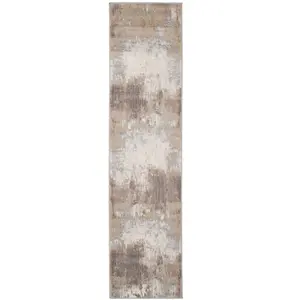 Neutral Warm Beige Grey Distressed Abstract Runner Rug 60x240cm