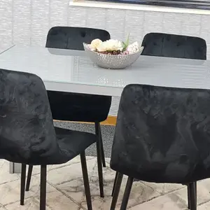 Grey Dining Table and 4 Black Velvet Chairs Kitchen Dining Set of 4 Glass Table