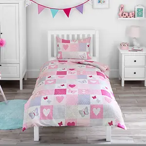 Bloomsbury Mill - Patchwork Butterflies- Kids Toddler Cot Bed Duvet Cover and Pillowcase Set for Girls - Cot Bed - 150 x 120cm