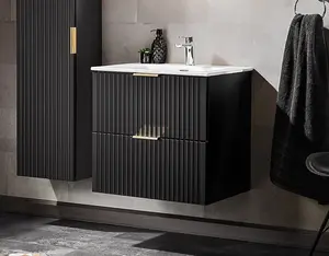 Bathroom Vanity Unit with Basin Black 800mm Vanity Cabinet with Sink Ribbed Textured Wall Hung Adel