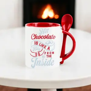 Purely Home Hot Chocolate Mug & Spoon Set - Red Ceramic Tea Coffee Gift/Present