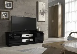 TV Unit 120cm Modern Black with High Gloss Doors - Creative Furniture