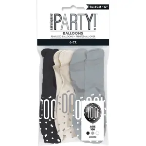 Unique Party Age 100 Glitz Latex Balloons (Pack Of 30) Black/White/Grey (One Size)