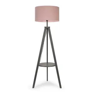 ValueLights Morrigan Modern Grey Wood Tripod Design Floor Lamp with Storage Shelf & Pink Drum Shade - Includes 6w LED Bulb 3000K