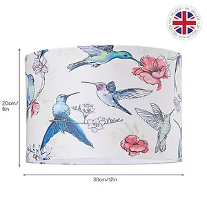 Beautifully Designed Bird Themed 30cm Drum Shade with Colourful Floral Accents