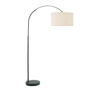 ValueLights Louis Black Arched Curved Floor Lamp with Cream Boucle Drum Lamp Shade and LED Bulb