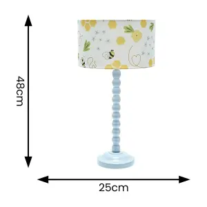 Powder Blue Bobbin Stem Table Lamp with Bumble Bee Drum Shade for Living Room Bedroom - LED Bulb Included