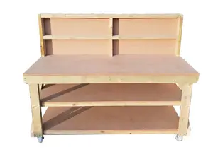 MDF top workbench (H-90cm, D-70cm, L-210cm) with back panel, double shelf and wheels