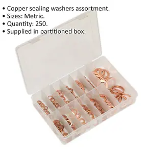 250 Piece Copper Sealing Washer Assortment - Metric - Partitioned Storage Box