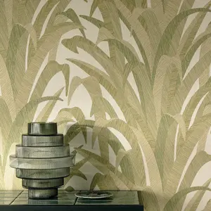 Grandeco Boutique Olivine Grass Leaves Embossed  Wallpaper, Green