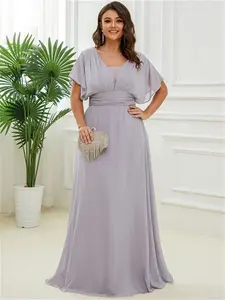 Ever-Pretty Ruffle Sleeves Long Empire Waist Plus Size Evening Gown Polyester