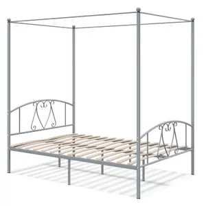 Costway Double Size Metal Canopy Bed Frame 4-Poster Modern Platform Wooden Slat Support