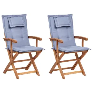 Set of 2 Garden Chairs with Cushions MAUI II Acacia Wood Blue